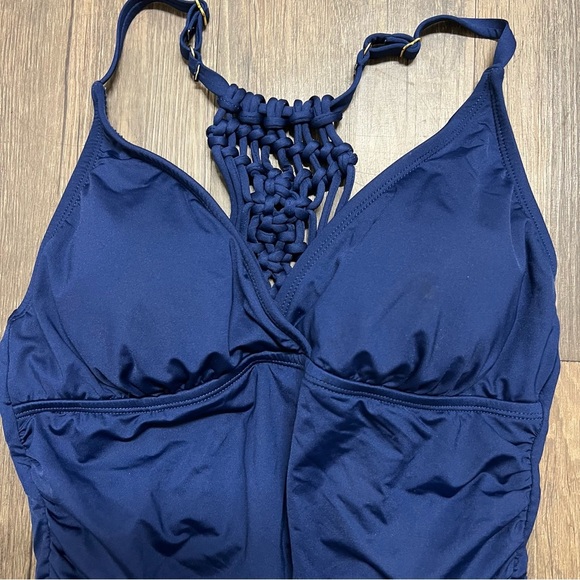 Jantzen Navy Blue Macrame Strappy Back One Piece Ruched Bathing Suit Swim M - Picture 6 of 14